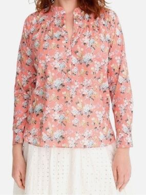 J. Crew Coral Pink Floral Smocked-Neck Blouse